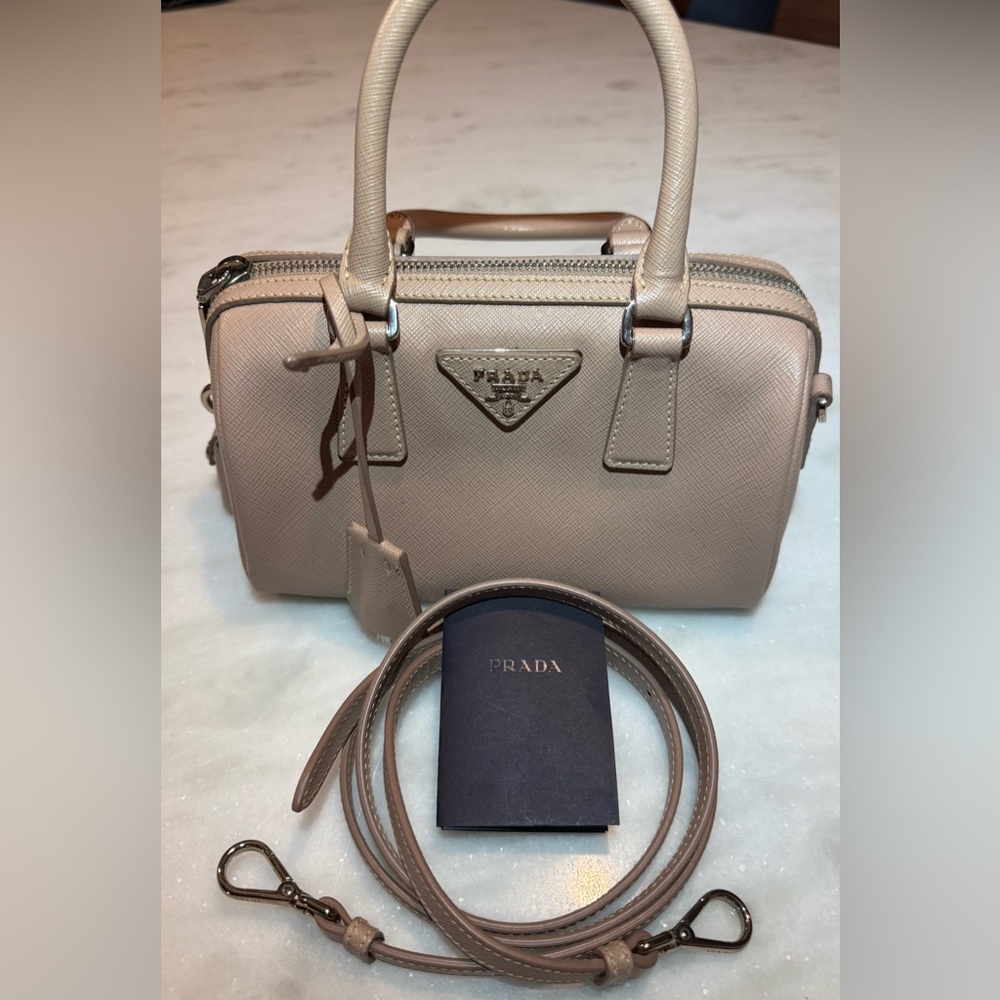 Prada Saffiano Mini Lux Convertible Bowler Beige with Shoulder/crossbody strap